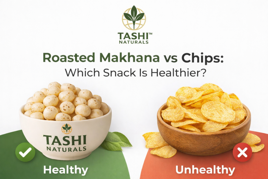 roasted makhana vs potato chips healthier snack tashi naturals