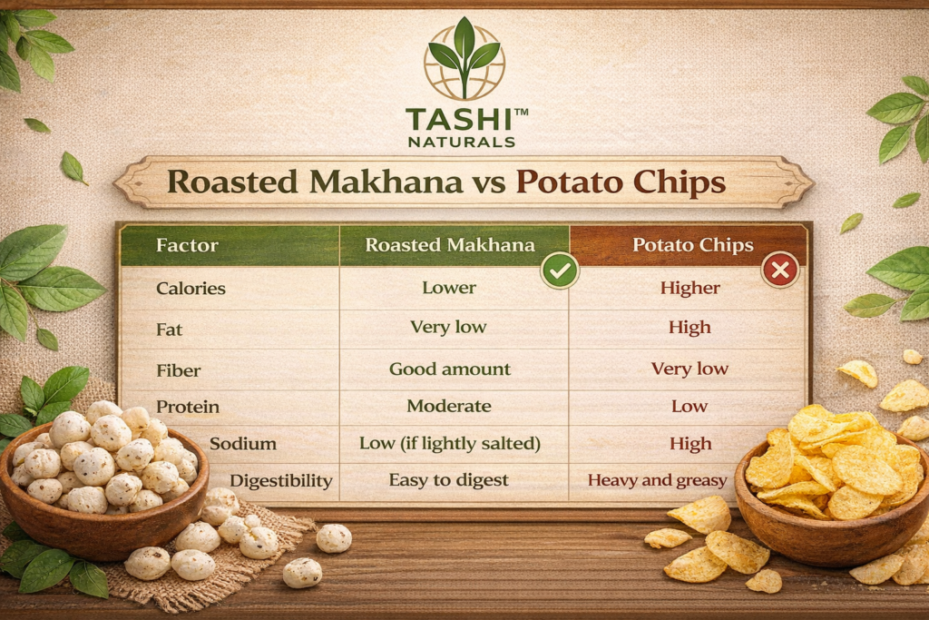 roasted makhana vs potato chips tashi naturals 3