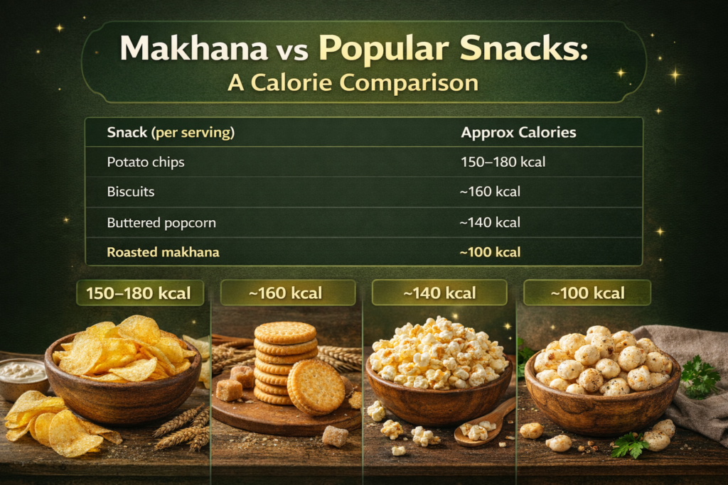 tashi naturals makhana vs popular snacks calorie comparison